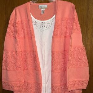 NWT Alfred Dunner 1X Peach & White 2-Fer Sweater Set, Rhinestones, Long Slv